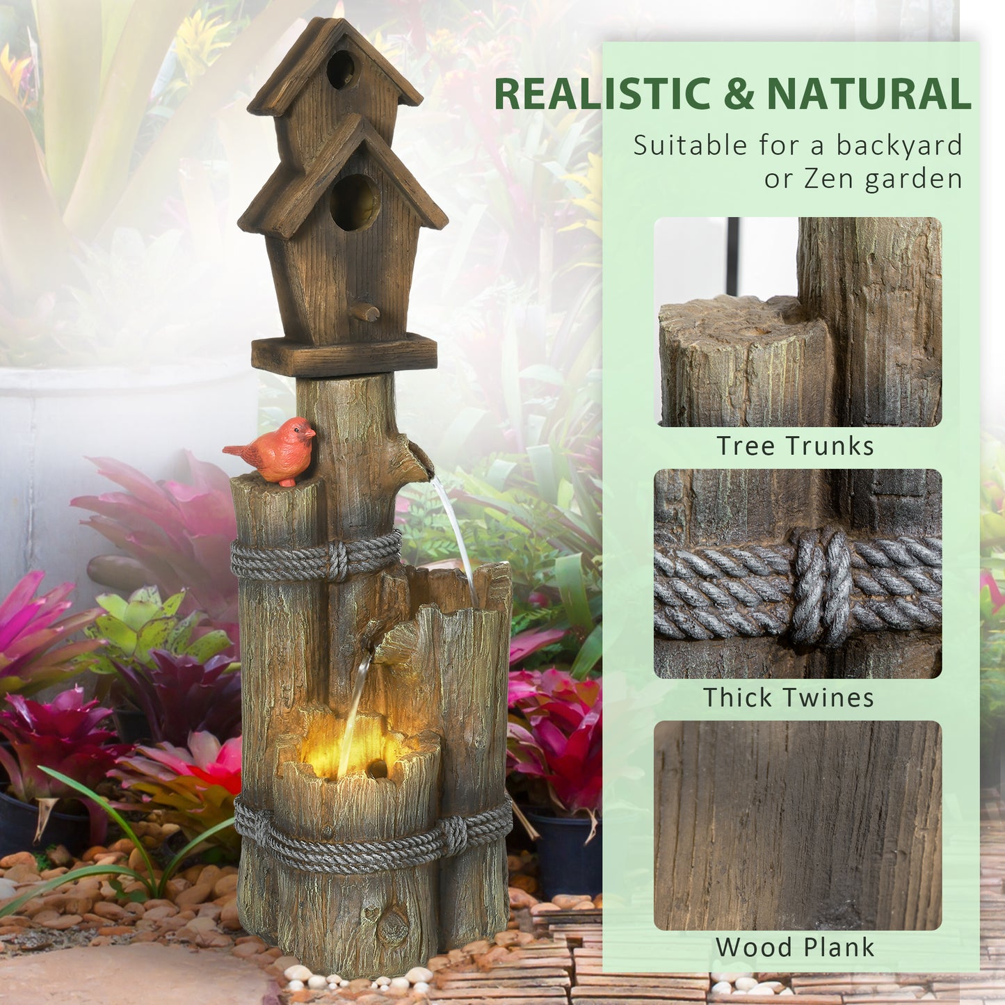 Outdoor Garden Fountain with Birdhouse and LED Lights - Rustic Tree Trunk Design