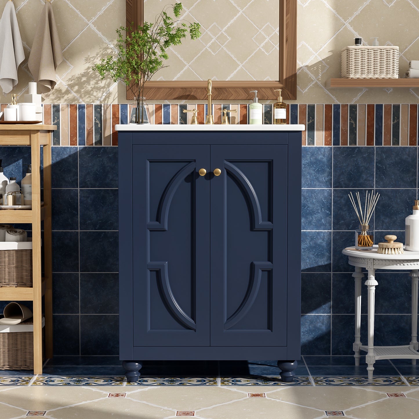 24" Blue Modern Bathroom Vanity with Ornate Design & Soft-Close Hinges