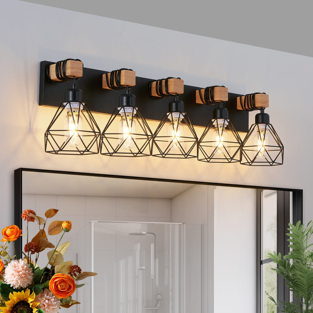 Modern Geometric 5-Light Vanity Light Fixture - Black Metal & Wood