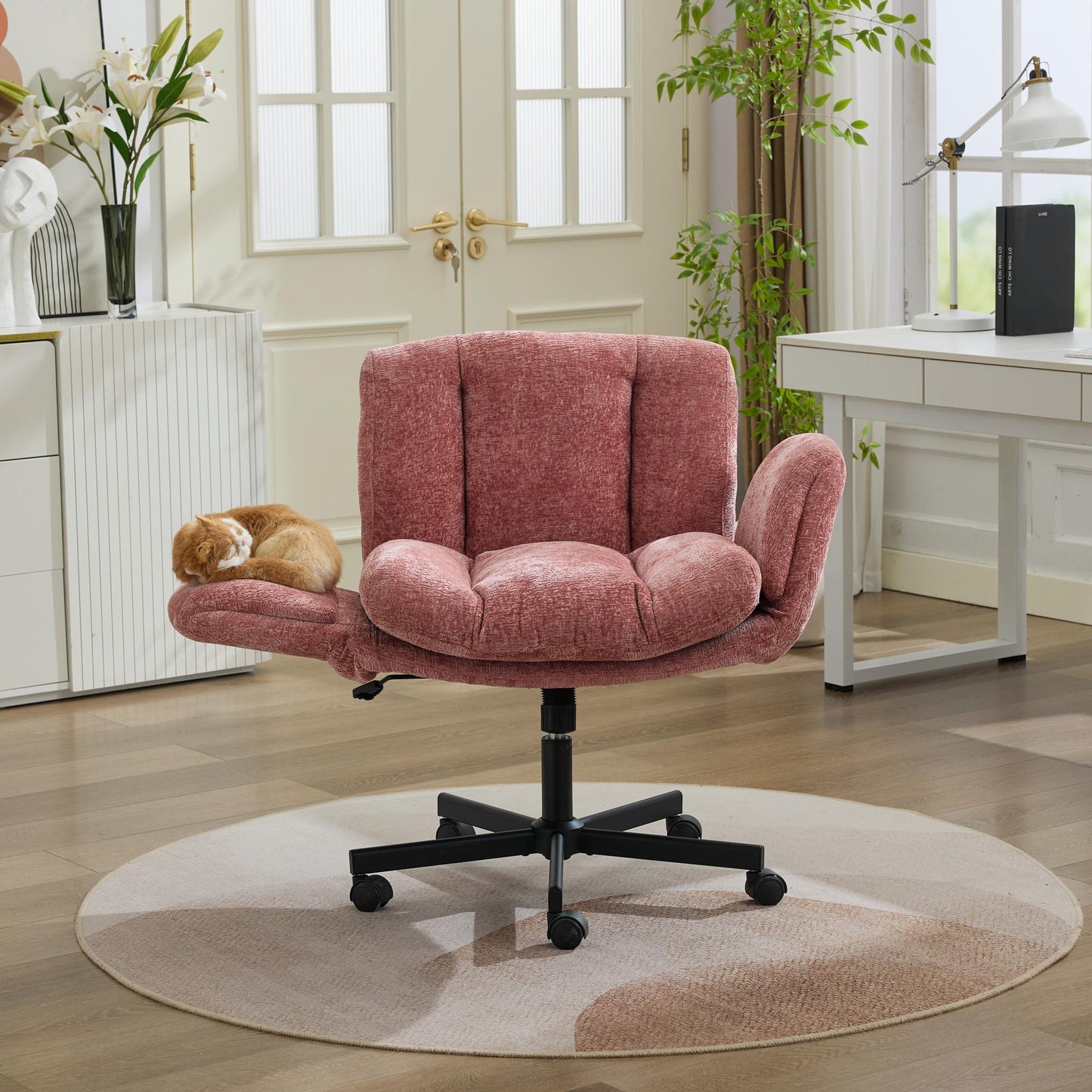 Chenille Swivel Office Chair - Adjustable Height & Armrests, Blush Pink