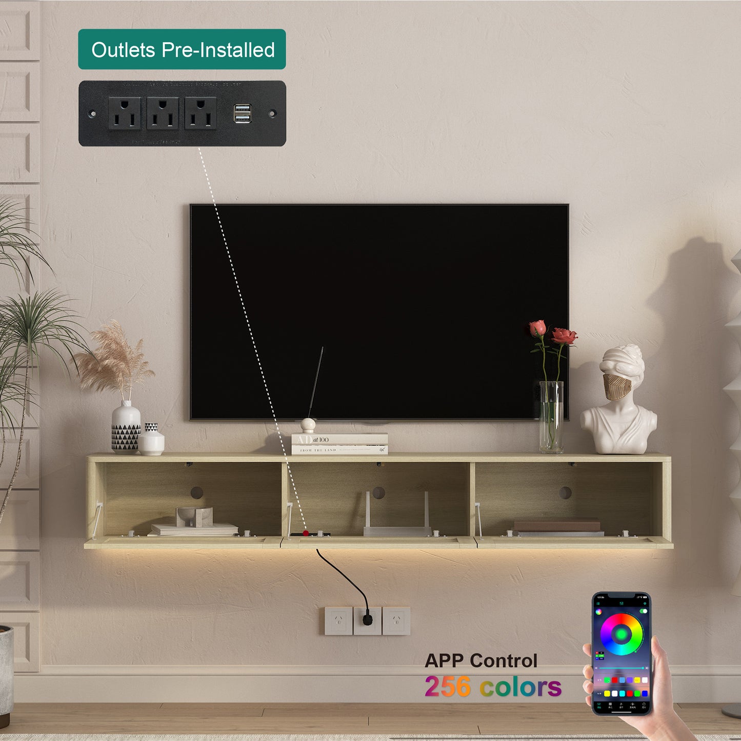 Floating TV Stand with LED Lights & Power Outlet - Wood