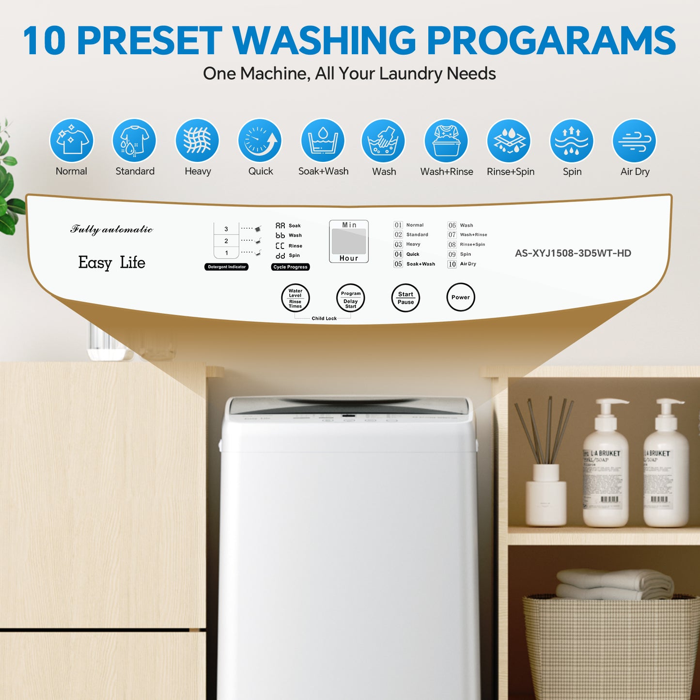 Portable Fully Automatic Washing Machine 7.7L Stainless Steel Tub Compact