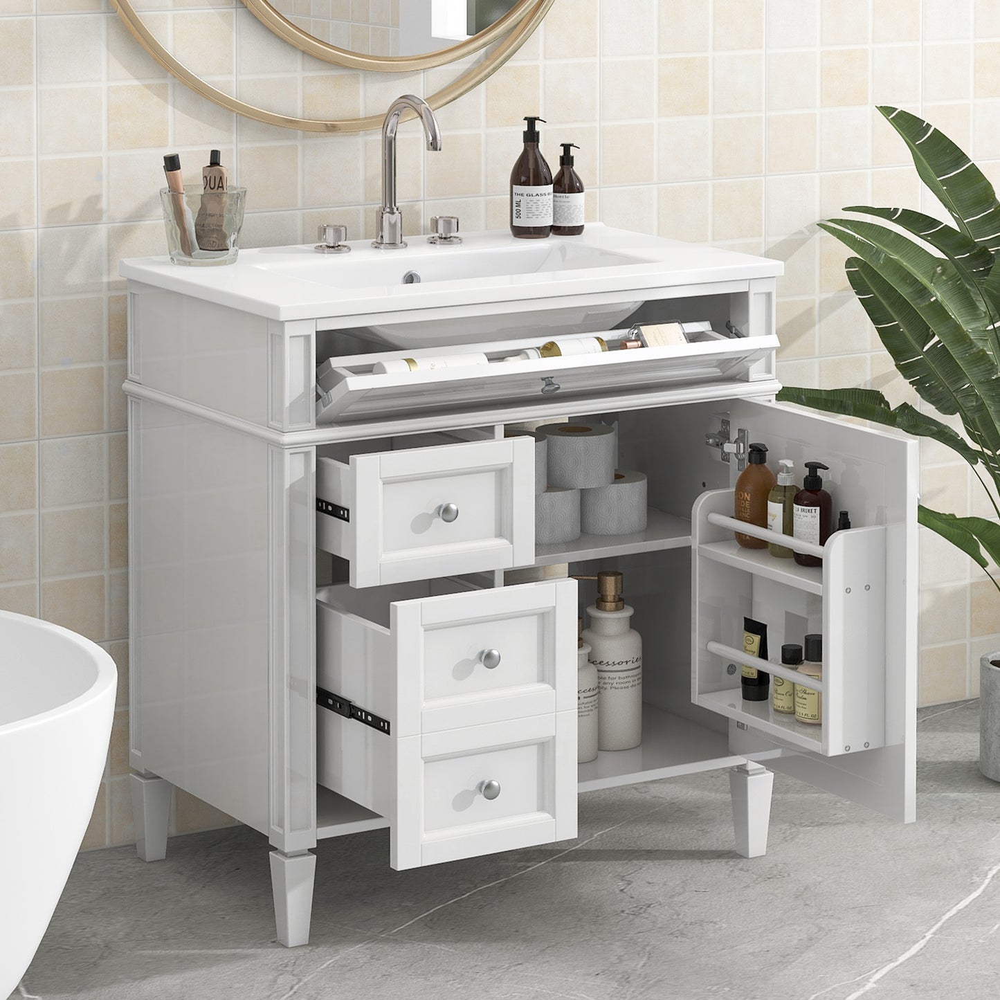 30'' Modern Bathroom Vanity with Sink & Storage - White