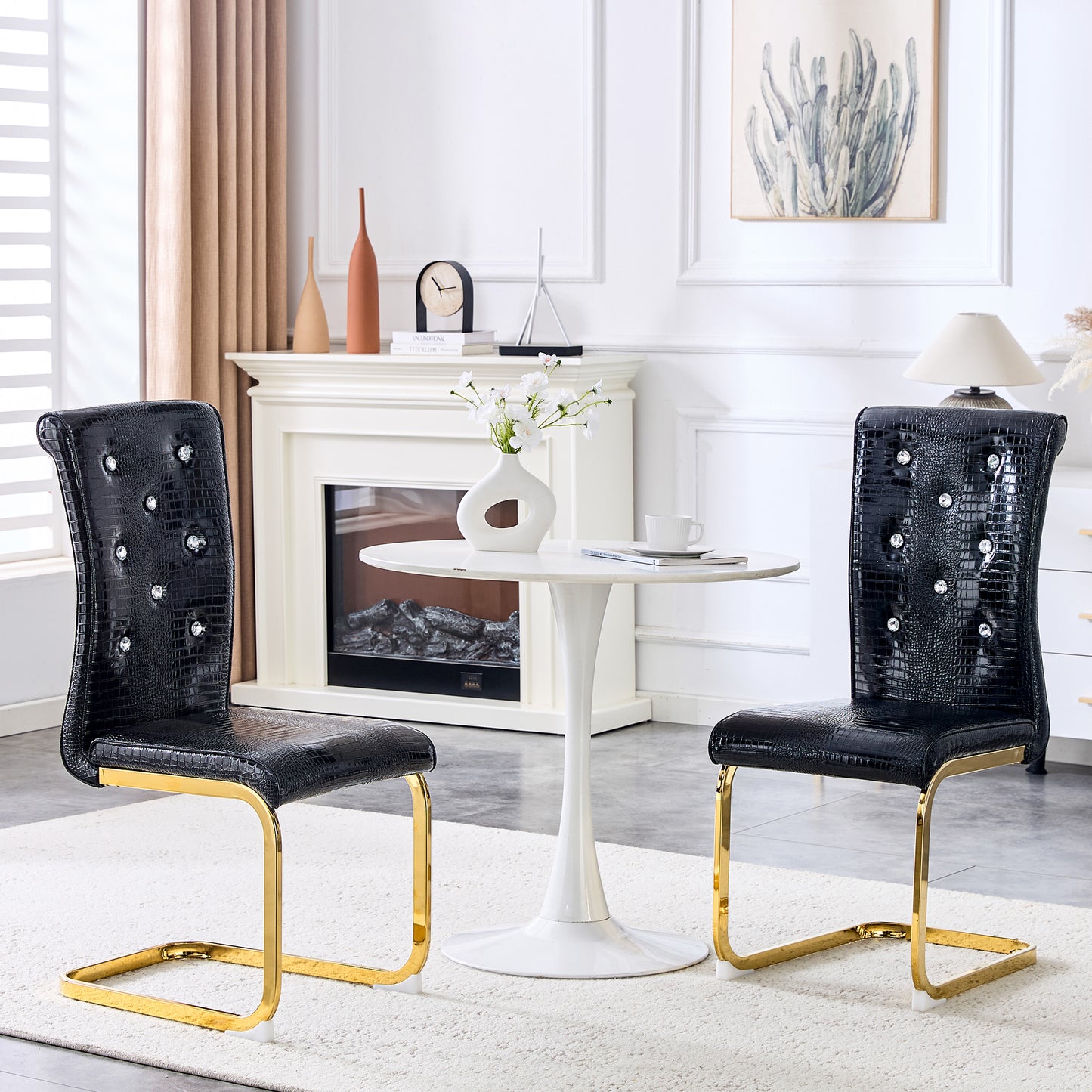 Set Of 2,Retro Alligator Skin Upholstered Dining Chairs,with Crystal