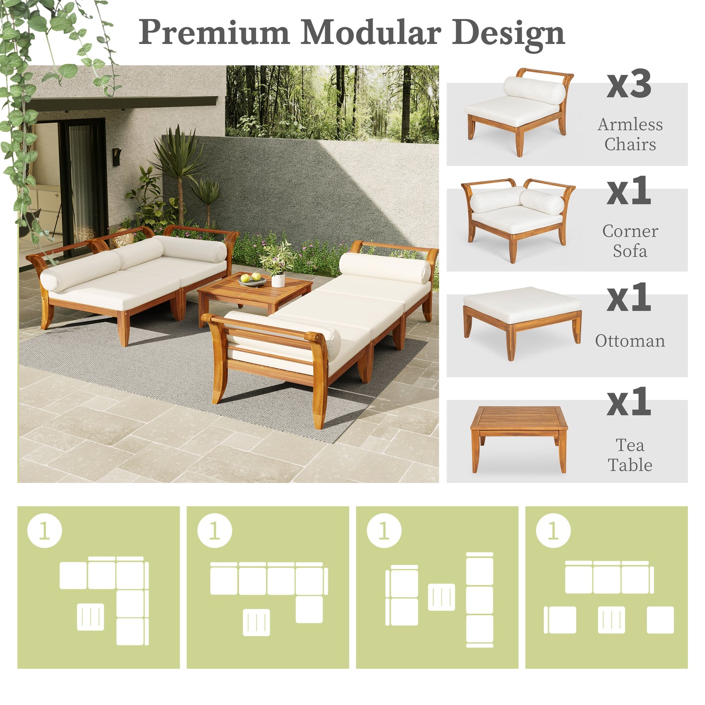 6 Piece Acacia Wood Patio Sofa Set - L-Shaped Modular Outdoor Seating with Cushions, Teak Beige