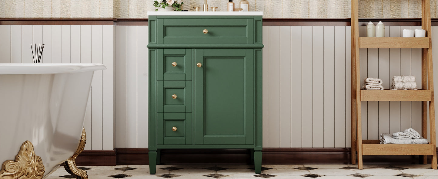24'' Green Bathroom Vanity with Ceramic Sink & Storage Drawers