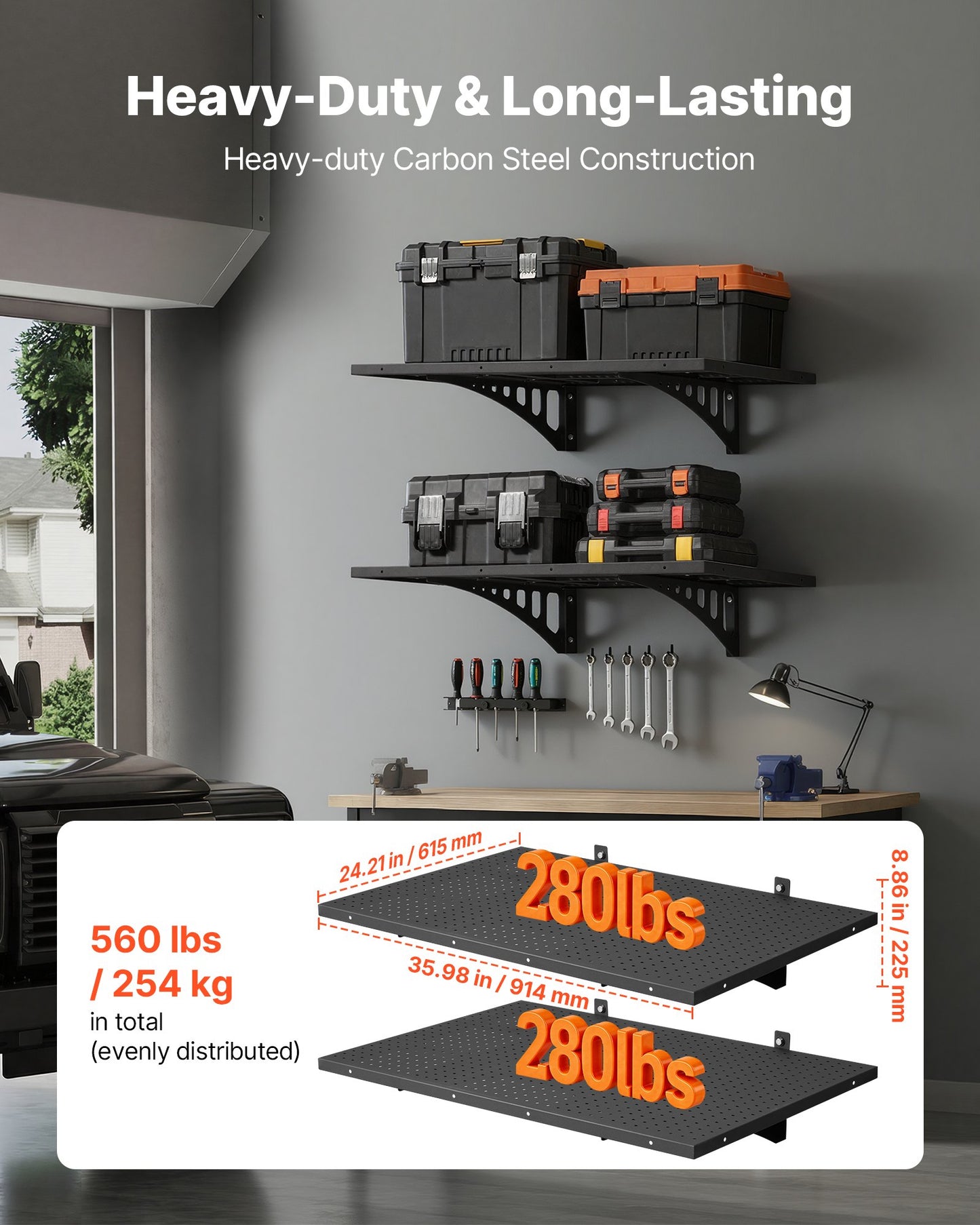 Heavy Duty Wall Garage Shelving Unit - 2 Tiers, Steel Storage Rack, 560 lbs Capacity