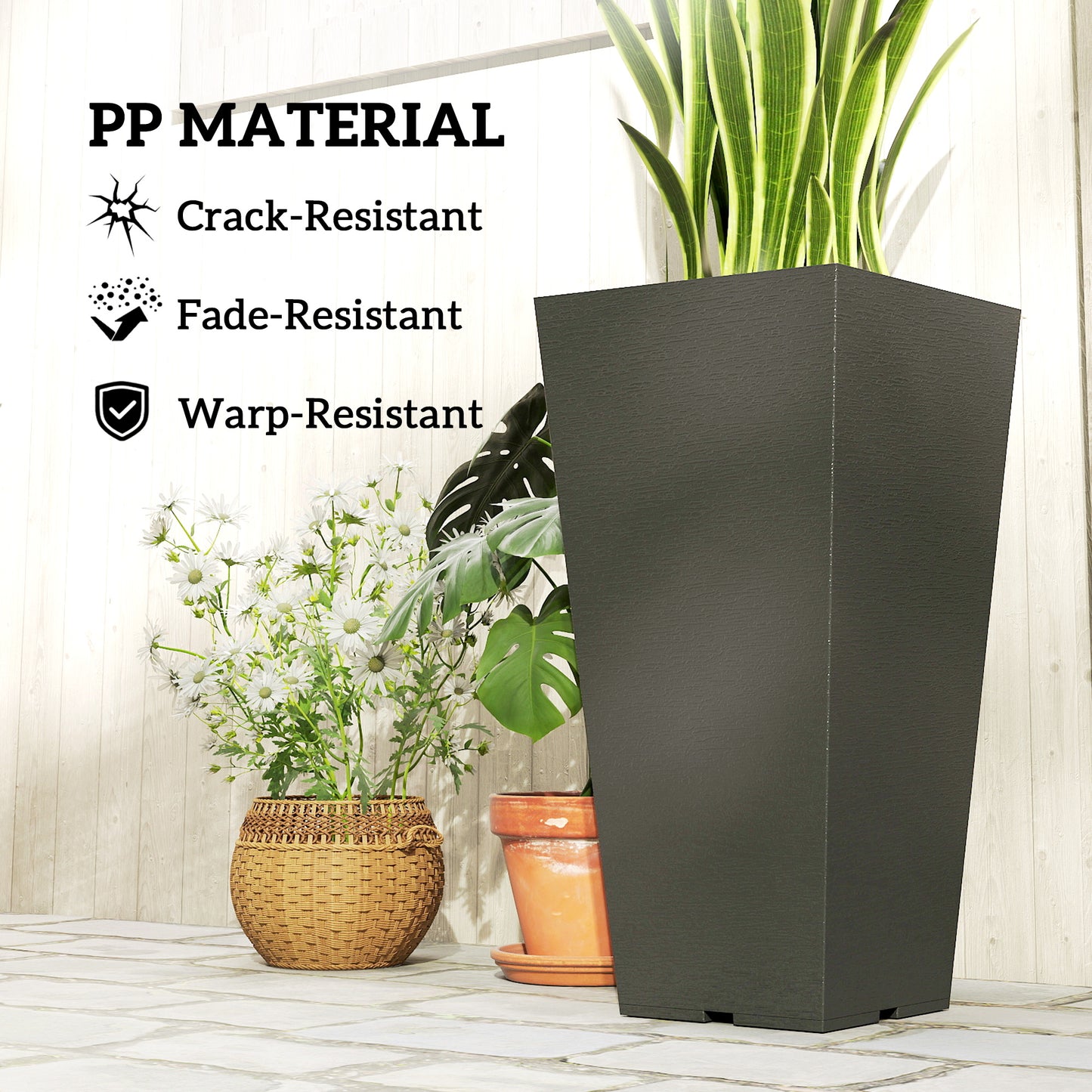 Tall Outdoor Plant Planters Set of 2 - Black Plastic Flower Pots for Garden & Patio