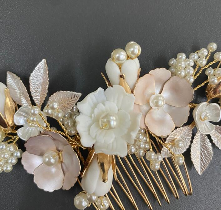 Ceramic Flower Wedding Hair Comb - Handmade Bridal Headwear