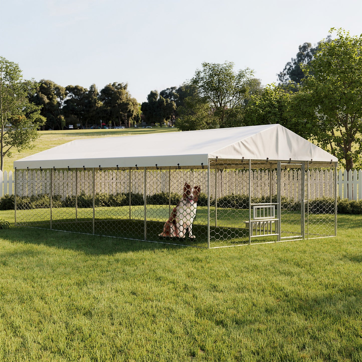 Large Outdoor Dog Kennel with Canopy - Heavy Duty Galvanized Steel Frame, Waterproof Cover, Elevated Feeders, Escape-Proof Locking Pet Run