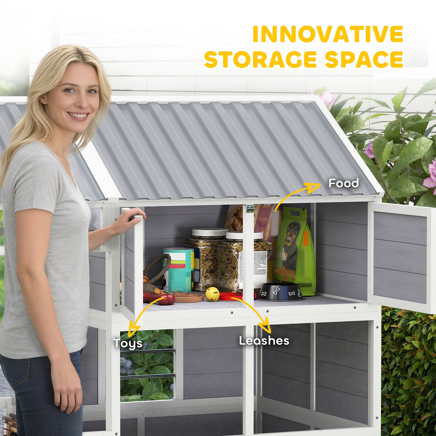 Large Wooden Dog House with Porch and Storage Cabinet - Weatherproof Outdoor Kennel