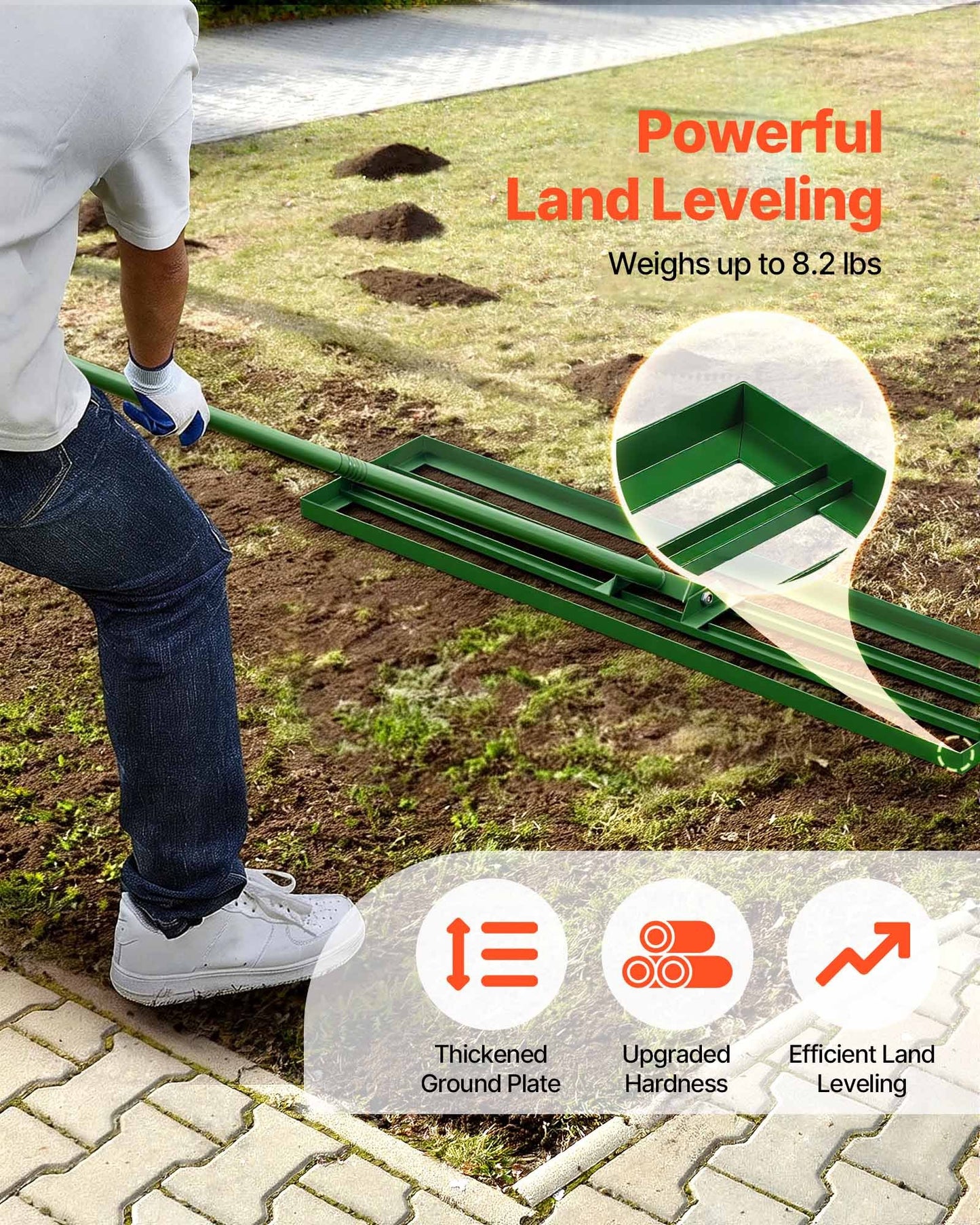 Heavy-Duty Lawn Leveling Rake with 48x10 Inch Steel Ground Plate and 78-Inch Handle
