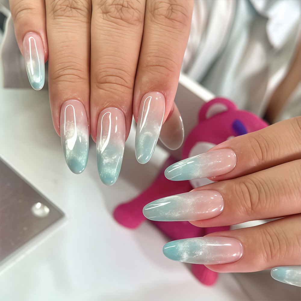 Long Oval Press-On Acrylic Nail Art Kit with Blue Gradient & Cat-Eye Effect - Includes Glue & Nail File