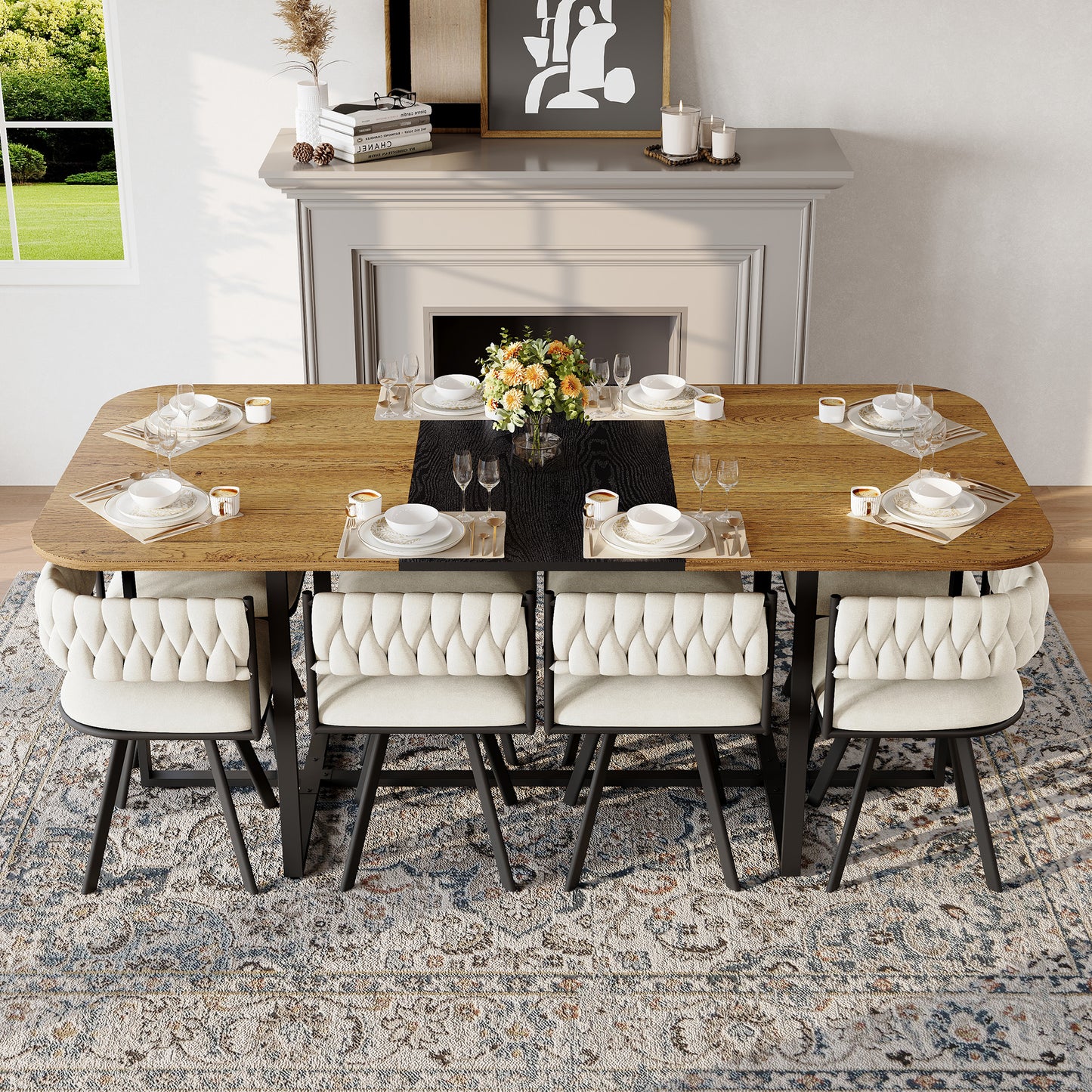 9-Piece Square Dining Table Set, Fixed Two-Tone Wood Grain & Black