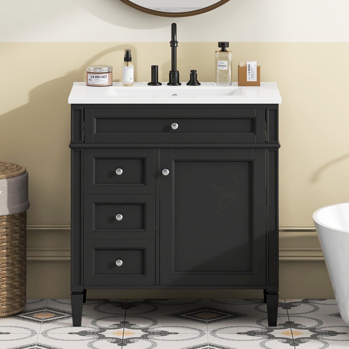 30'' Modern Bathroom Vanity with Ceramic Sink and Storage - Black