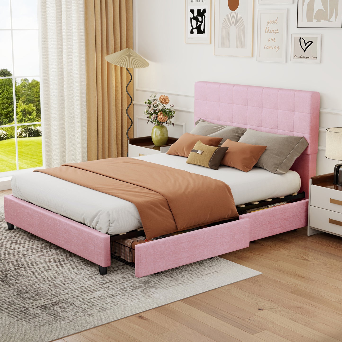 Full Bed Frame Upholstered Vertical Channel Headboard With 4 Storage
