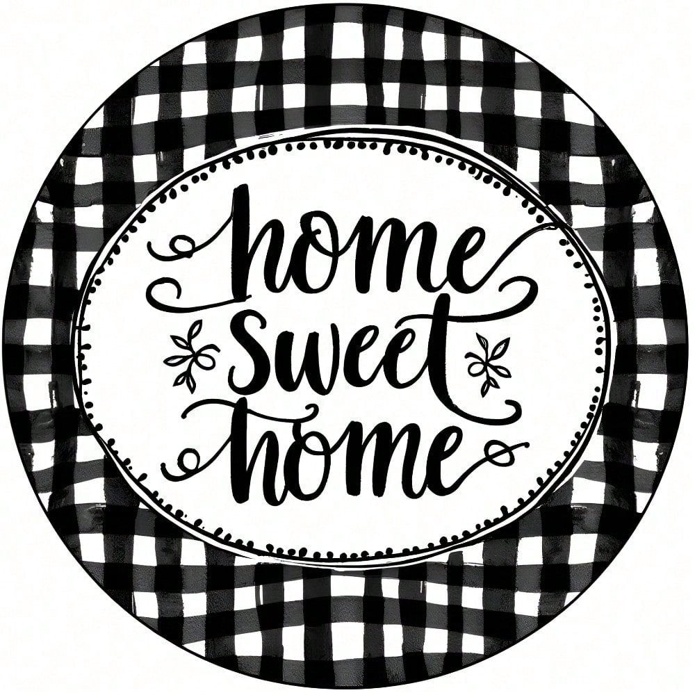 Checkered Round Metal Sign - Home Sweet Home Wreath, 8in