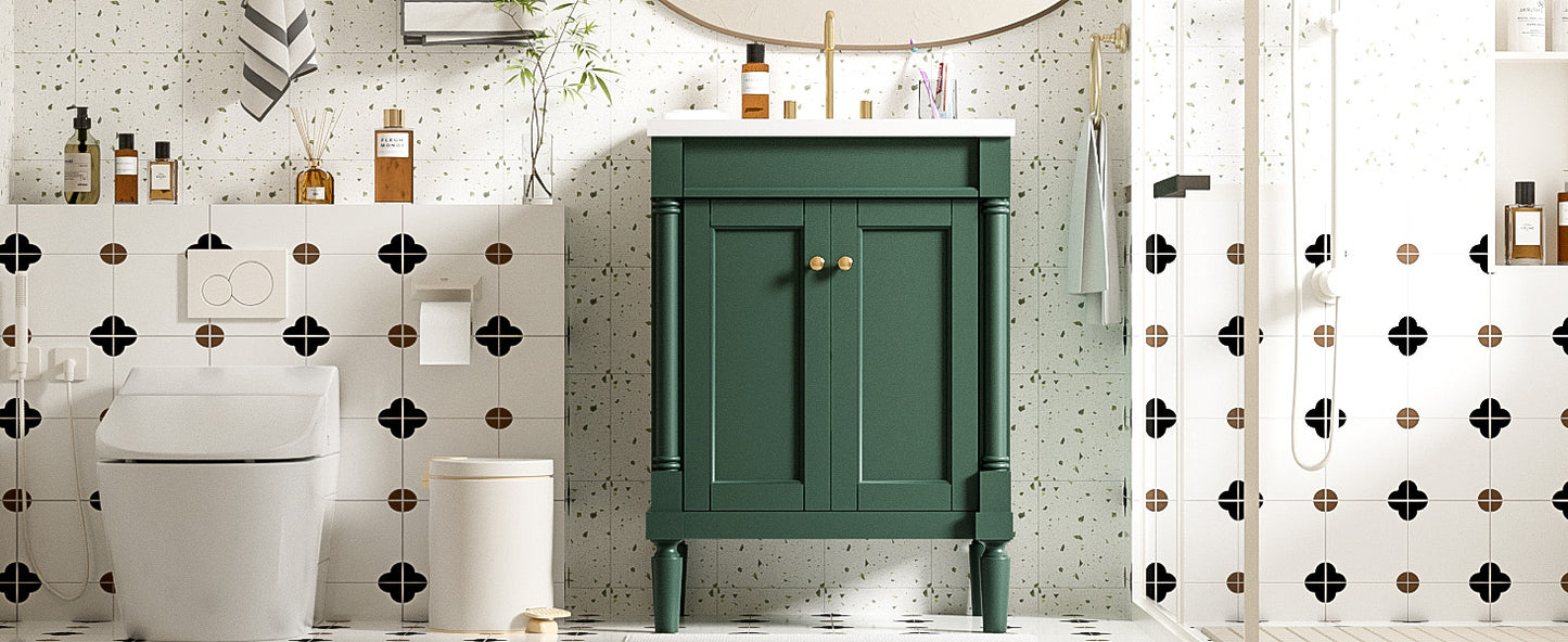 24-Inch Green Bathroom Vanity with Ceramic Sink & Storage