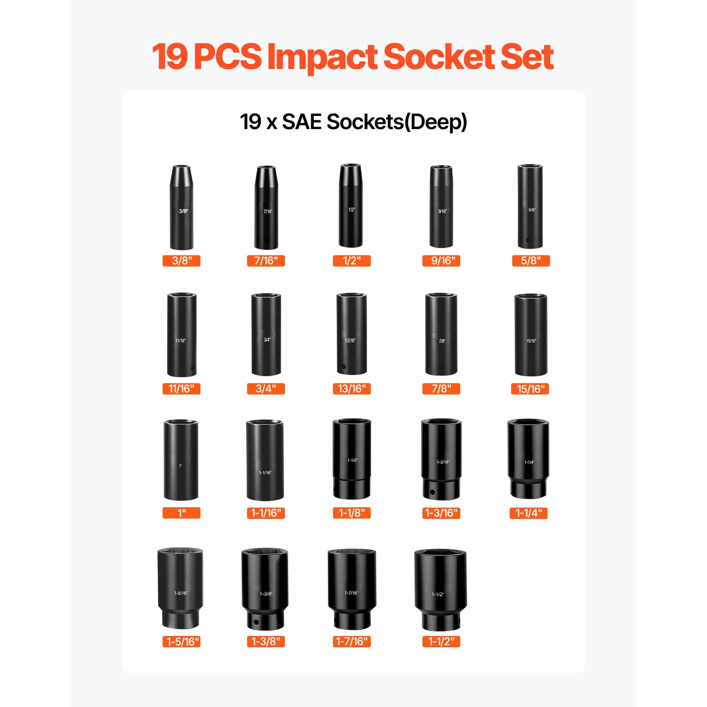 19-Piece Impact Socket Set with Deep 6-Point Sockets – 1/2 Inch Drive, Rugged Cr-V Construction