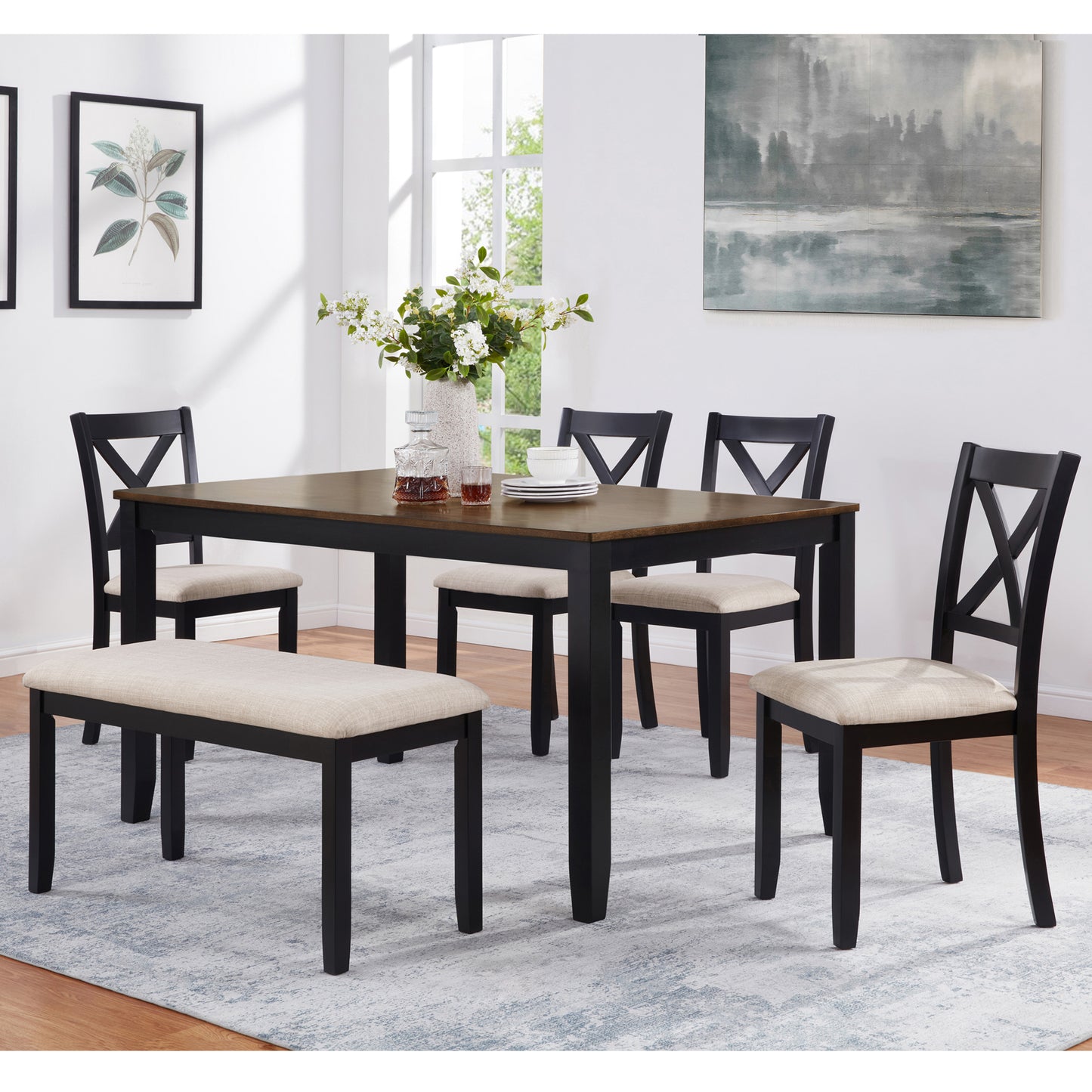 6-Piece Dining Table Set with Bench - Classic Black & Oak
