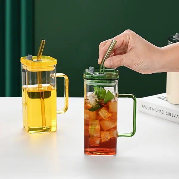 High Borosilicate Green Glass Straw Cup with Lid - 6 Colors