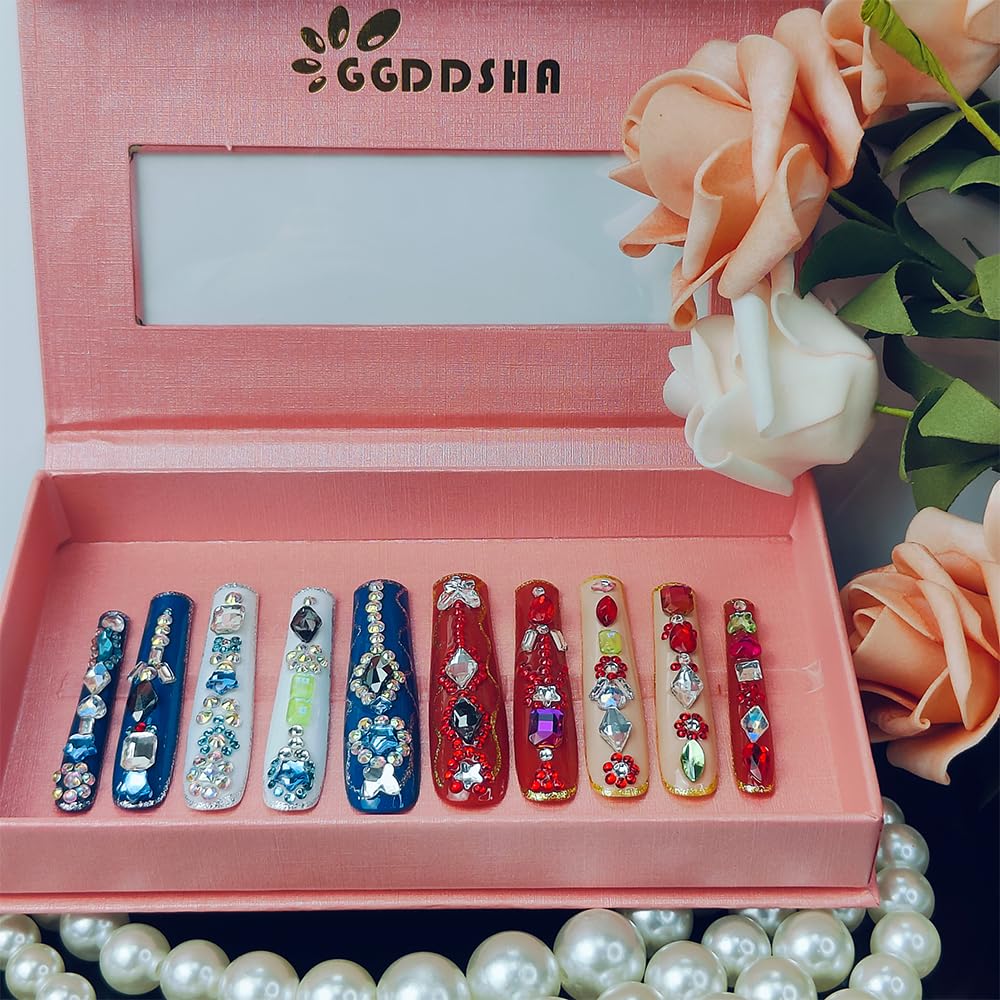 Long Handmade Press-On Nails with Butterfly & Rhinestones - Size M