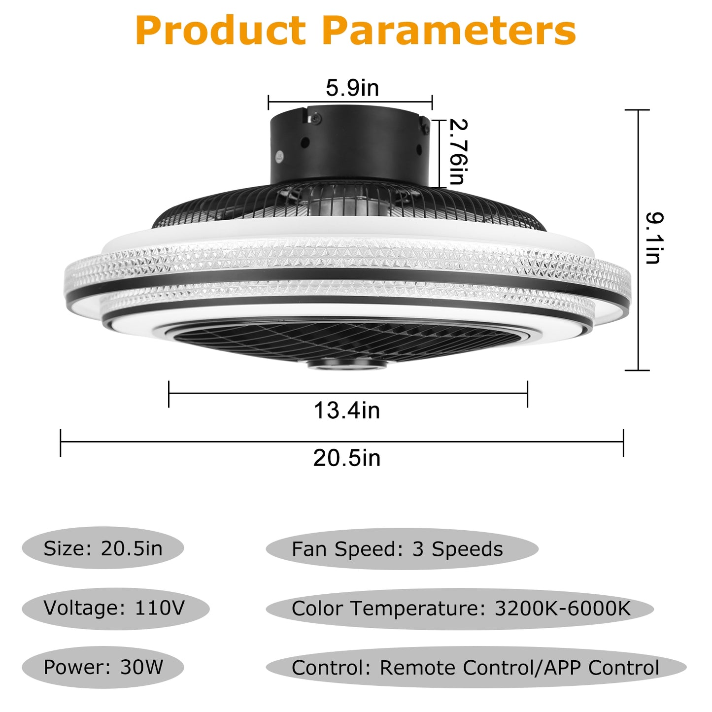 20.5in Ceiling Fan with Light Remote Control & APP, 3-Speed LED Pendant Fan - Black