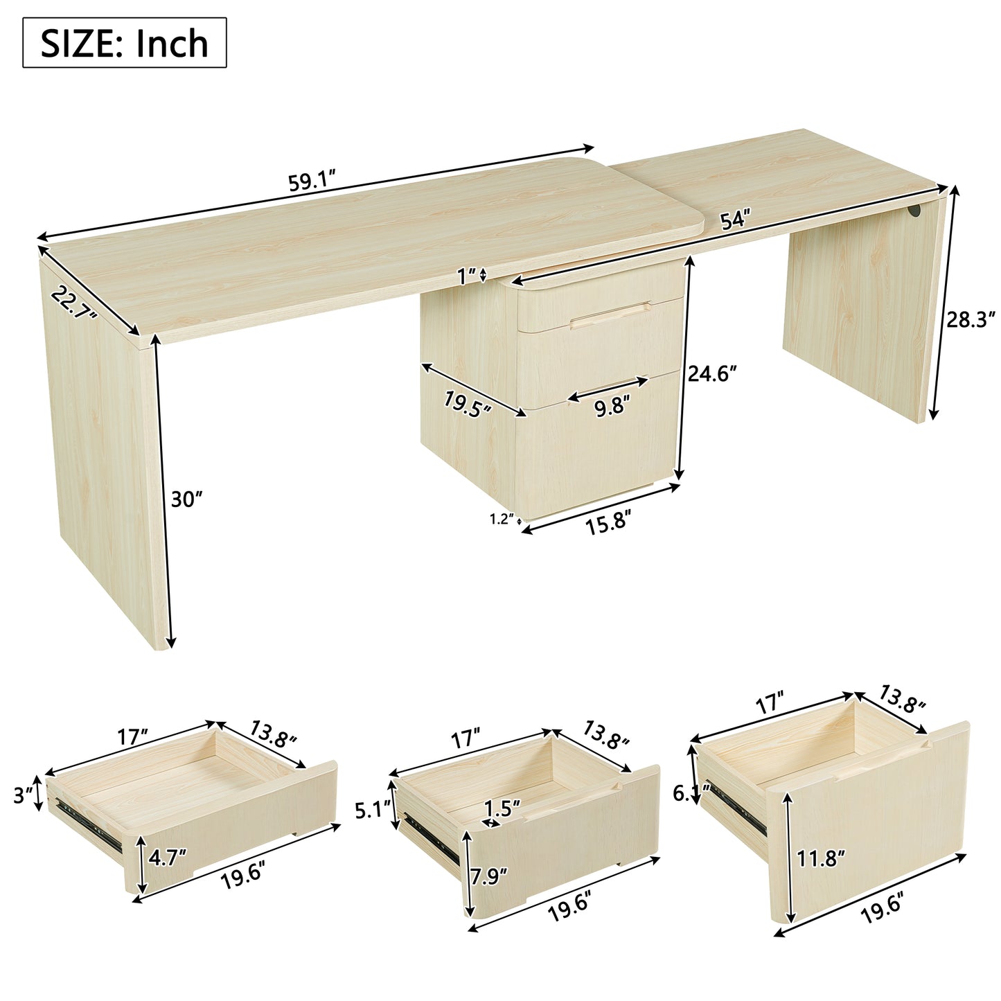 90 Modern L Shaped Desk In Natural Wood With 3 Drawers,360 Rotating