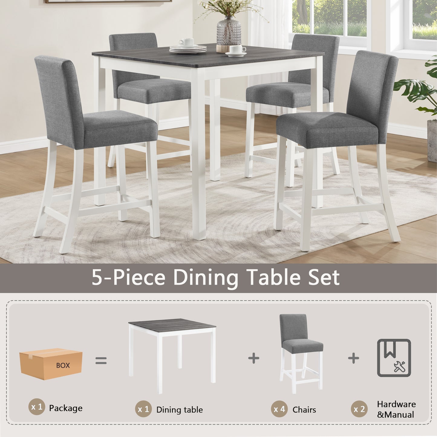 5-Piece Grey & White Counter Height Dining Table Set