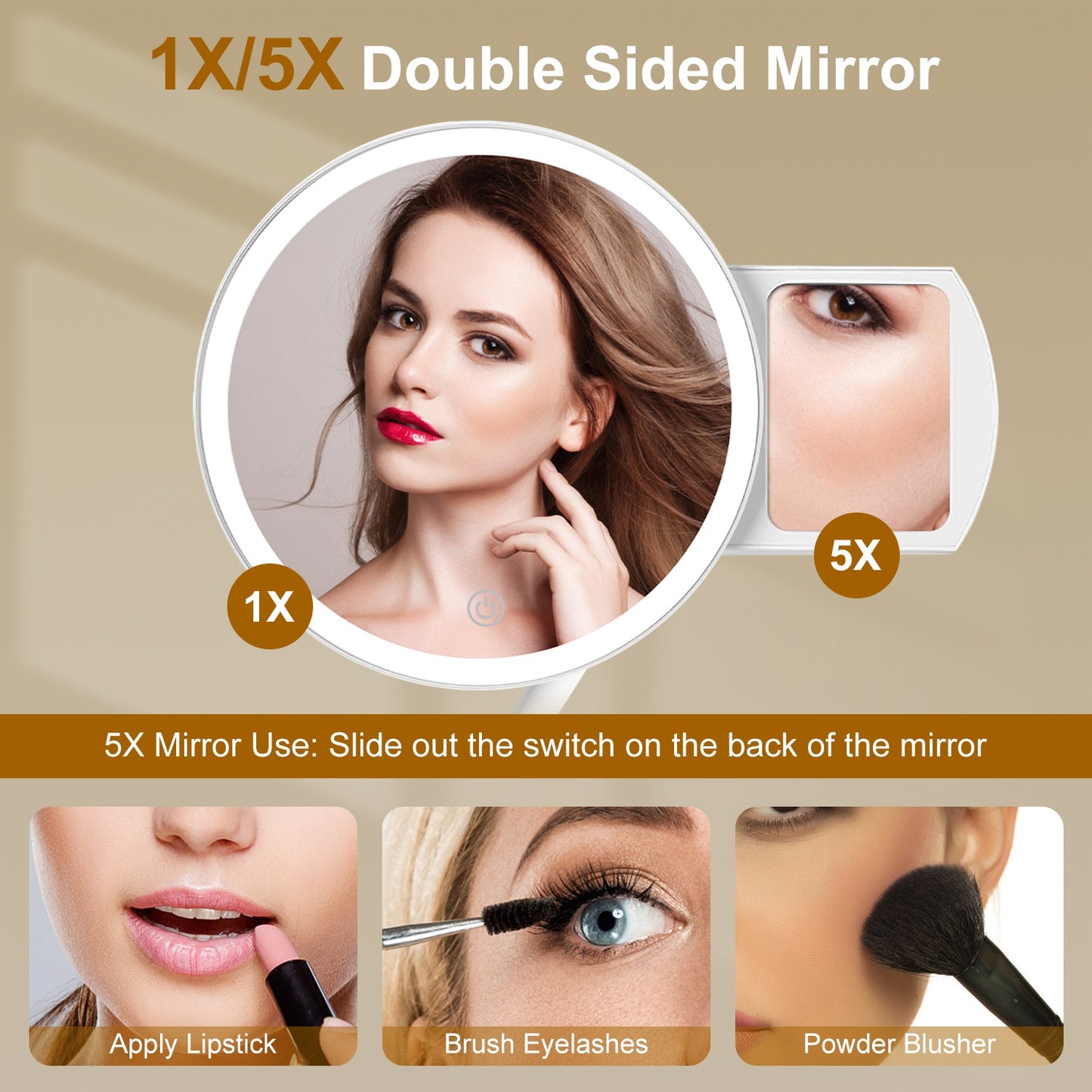 5X Magnifying LED Makeup Mirror, Rechargeable Vanity Mirror with 3 Light Colors