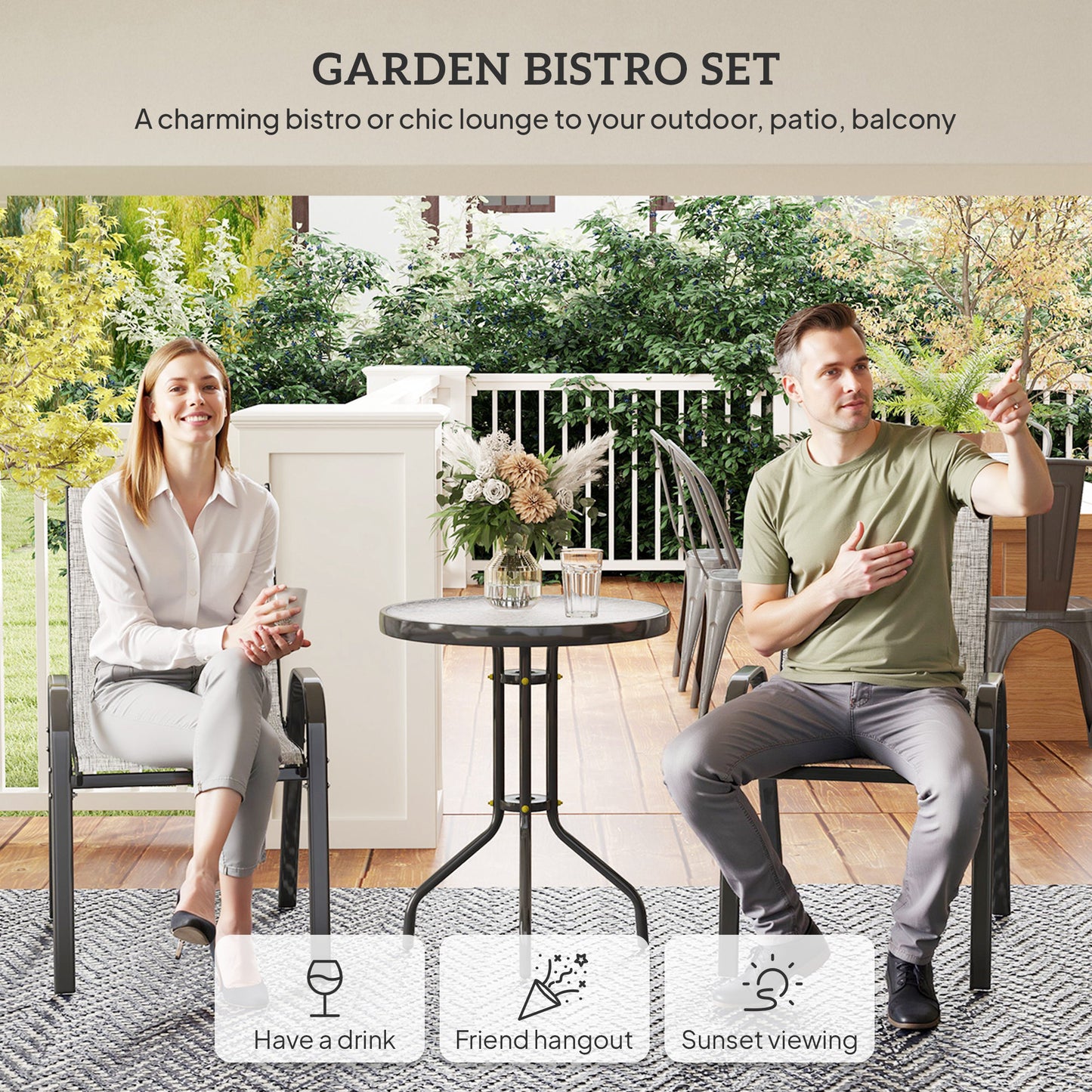 Bistro Set for Small Spaces - 2 Stackable Chairs & Glass Table - Gray