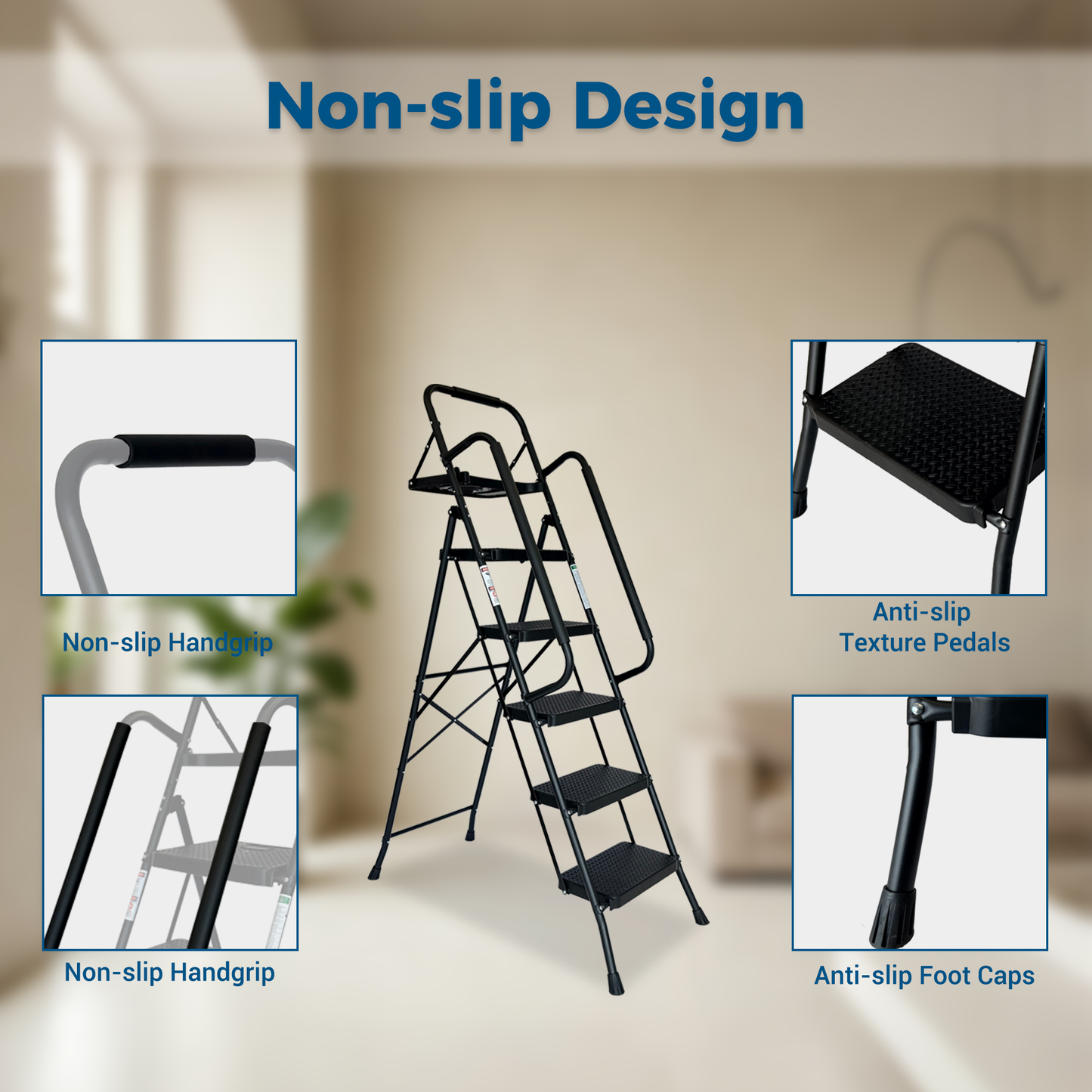 Folding Step Ladder with Wide Anti-Slip Pedal - Black