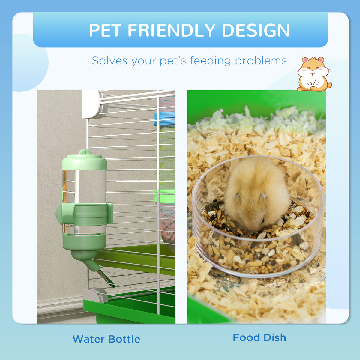 Large 23-Inch Hamster Cage with Wheel Water Bottle and Tunnels - Green