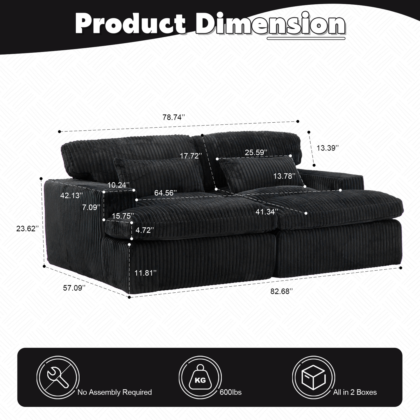 Oversized Double Chaise Lounge Chair - Black Corduroy Sofa Bed