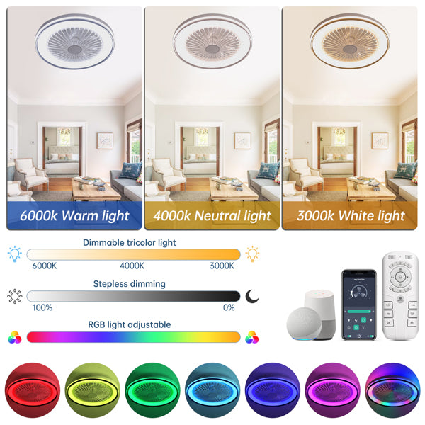 19 Inch RGB Dimmable Ceiling Fan with Remote Control, Bladeless Design for Bedroom & Party