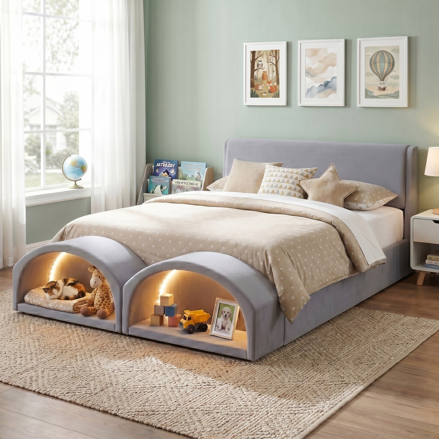 Queen Size Upholstered Platform Bed Frame with Dual Cat Caves & LED Pet Nests - Gray