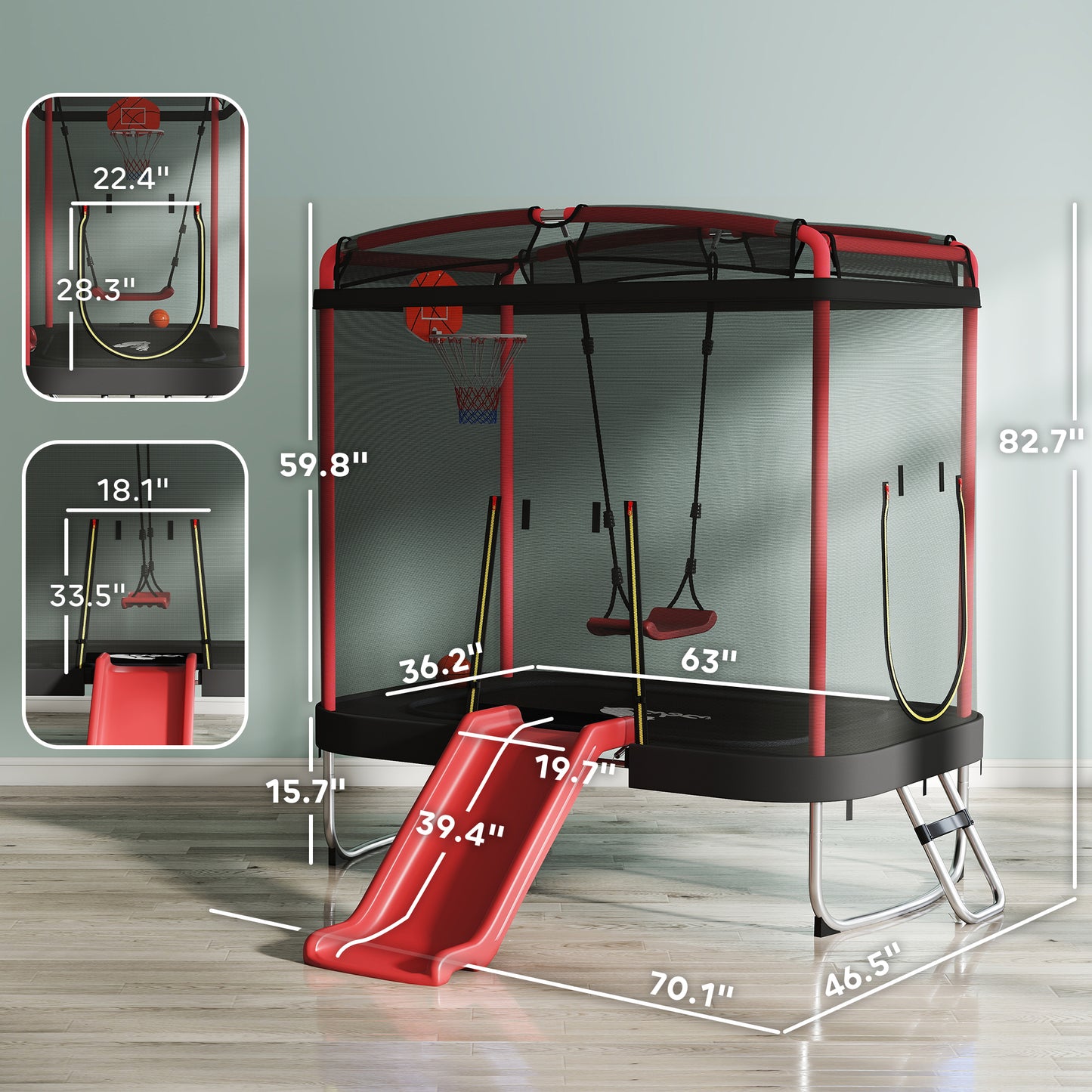 Kids Trampoline with Slide, Swing & Basketball Hoop - Red