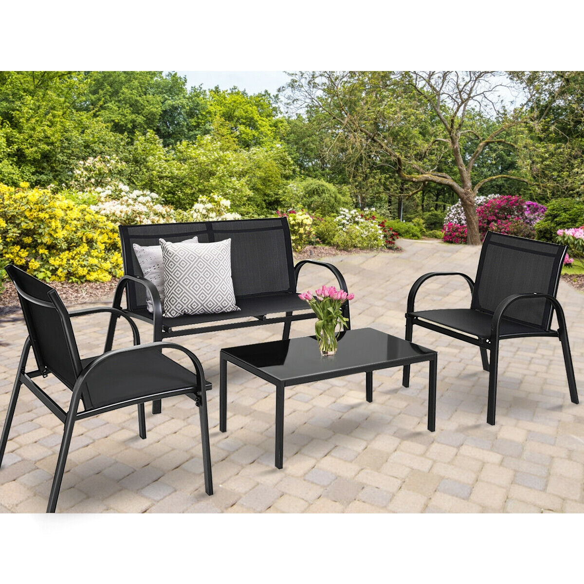 4-Piece Outdoor Furniture Set with Glass Coffee Table - Black
