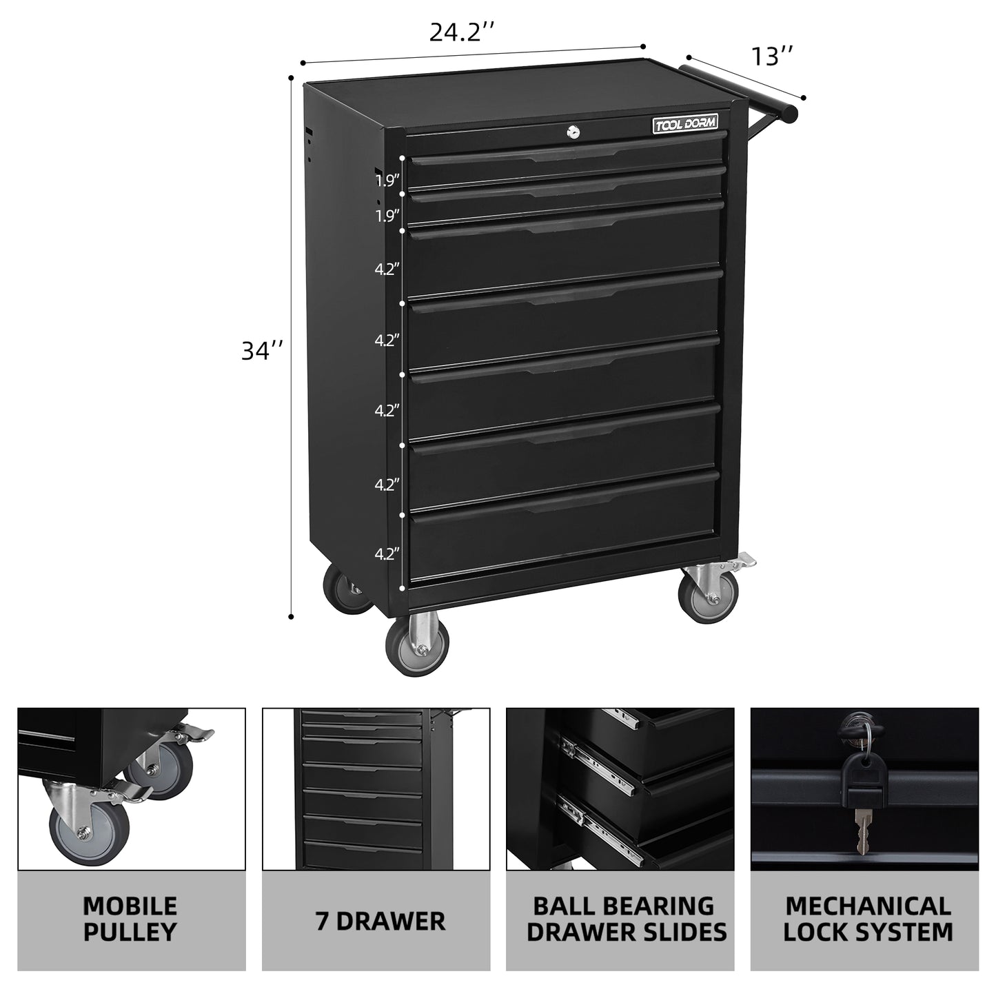 24.2-Inch Metal Rolling Tool Cabinet with Drawers and Locking System