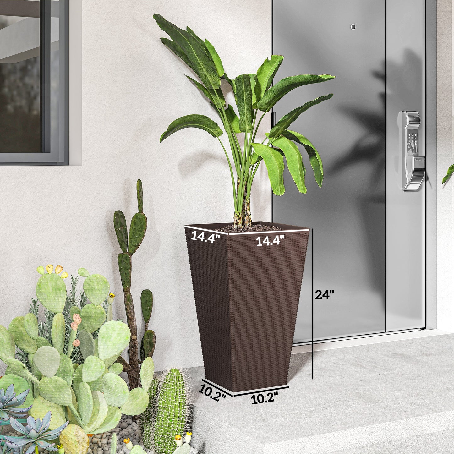 Set of 3 Tall Outdoor and Indoor Plant Pots with Drainage Holes - 24 Inch Brown