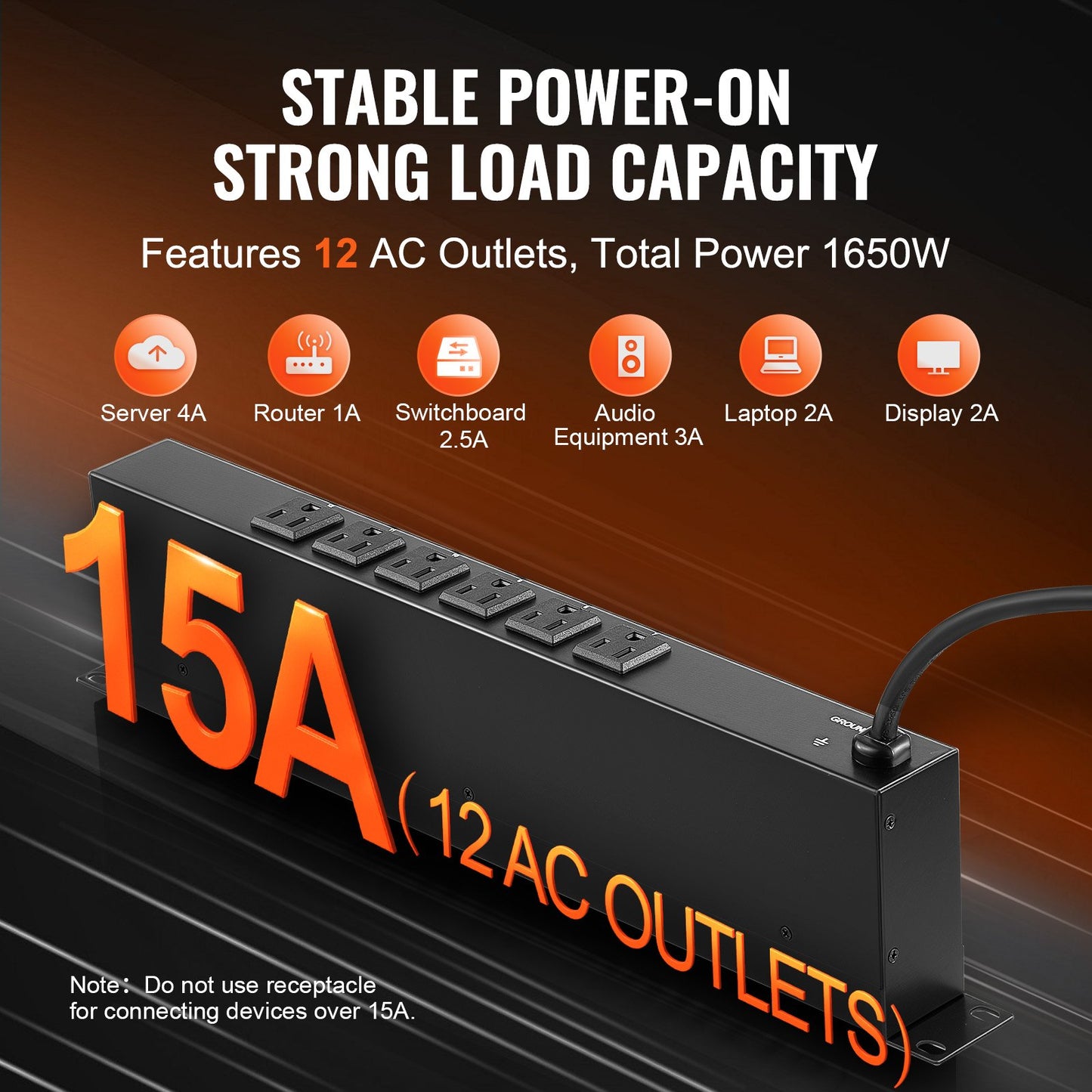 19-Inch Rack Mount Power Strip with 12 Outlets Surge Protector Black