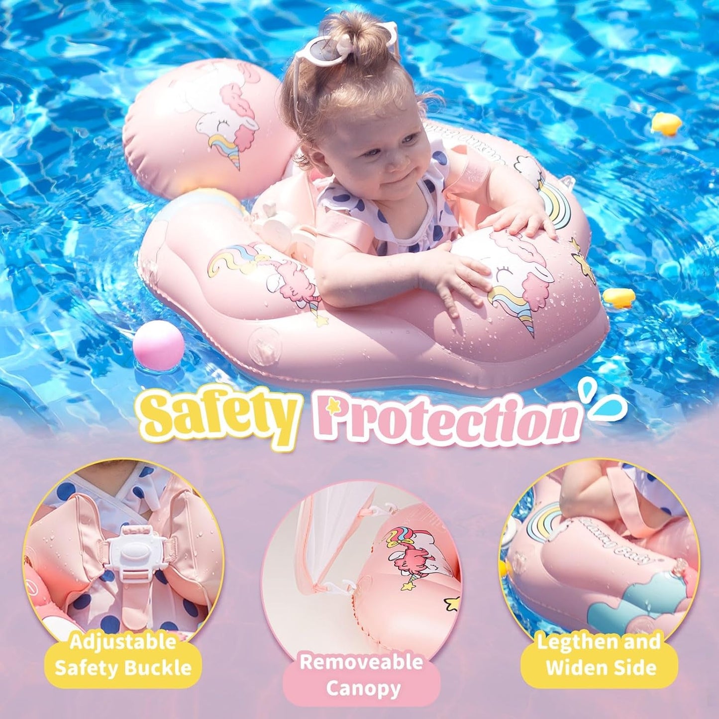 Baby Swimming Ring with Adjustable Seat & Sunshade - Pink
