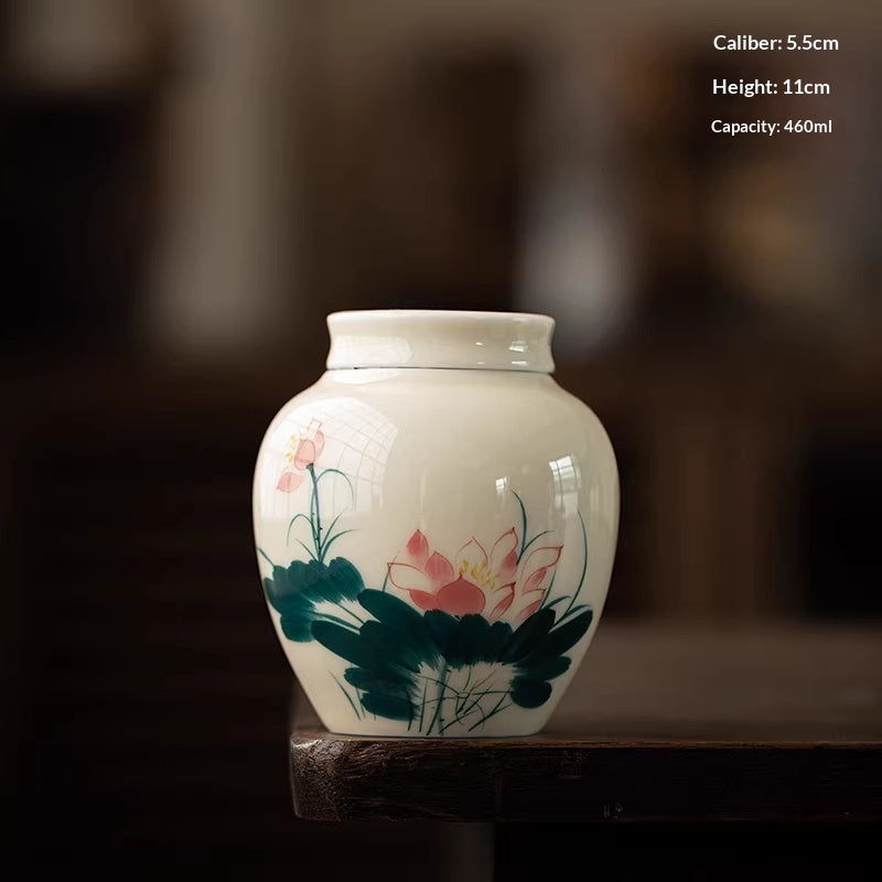 Hand-Painted Ceramic Tea Caddy with Airtight Seal - Chinese Style Household Storage