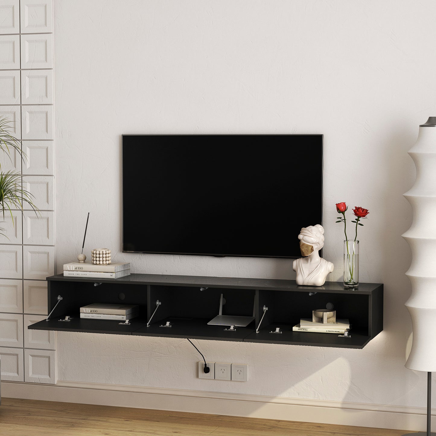 Floating TV Stand Wall Mounted With 16 Color LEDs,67 Modern Stand,