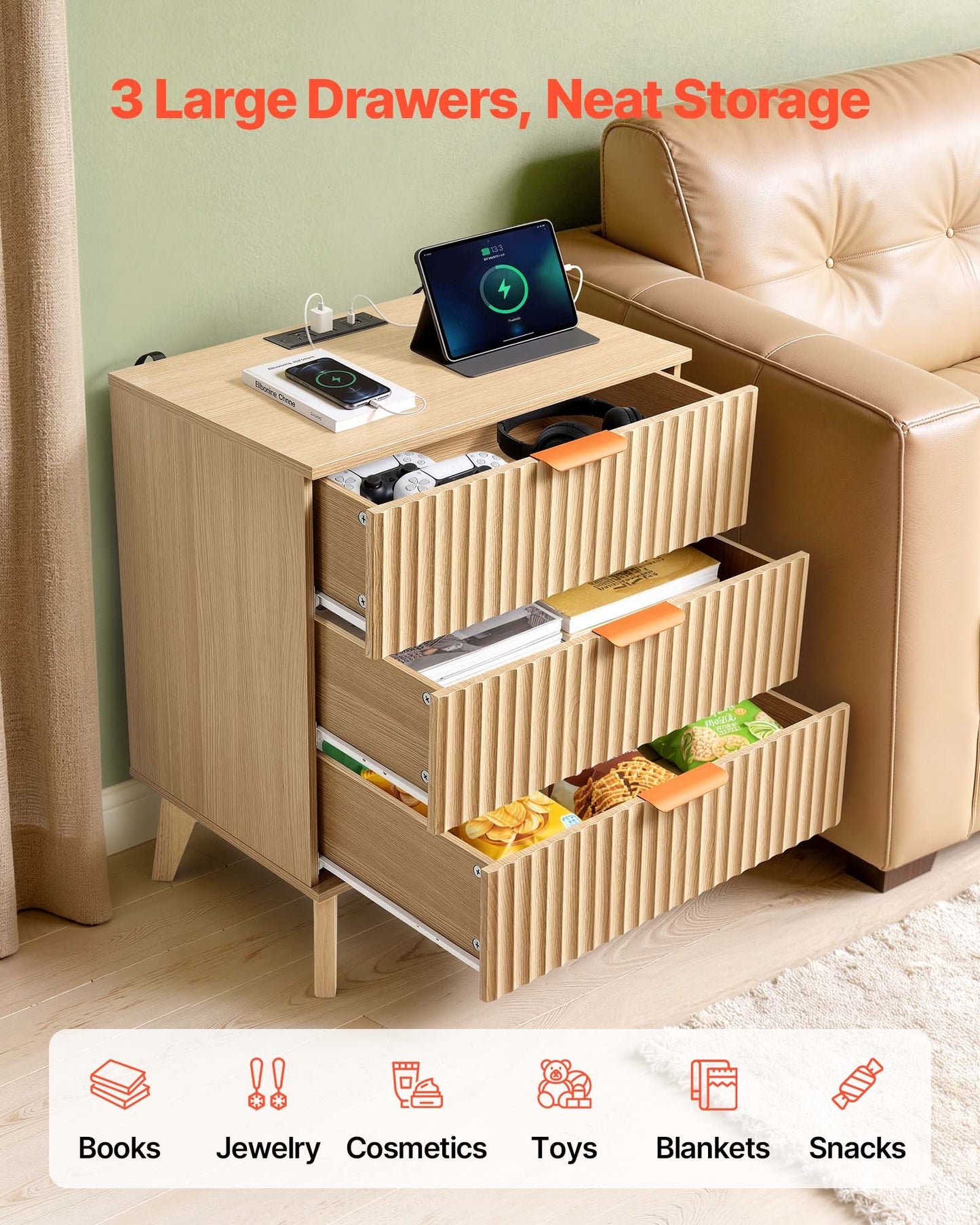 Nightstand with Charging Station & 3 Drawers - Mid Century Modern Bedside Table