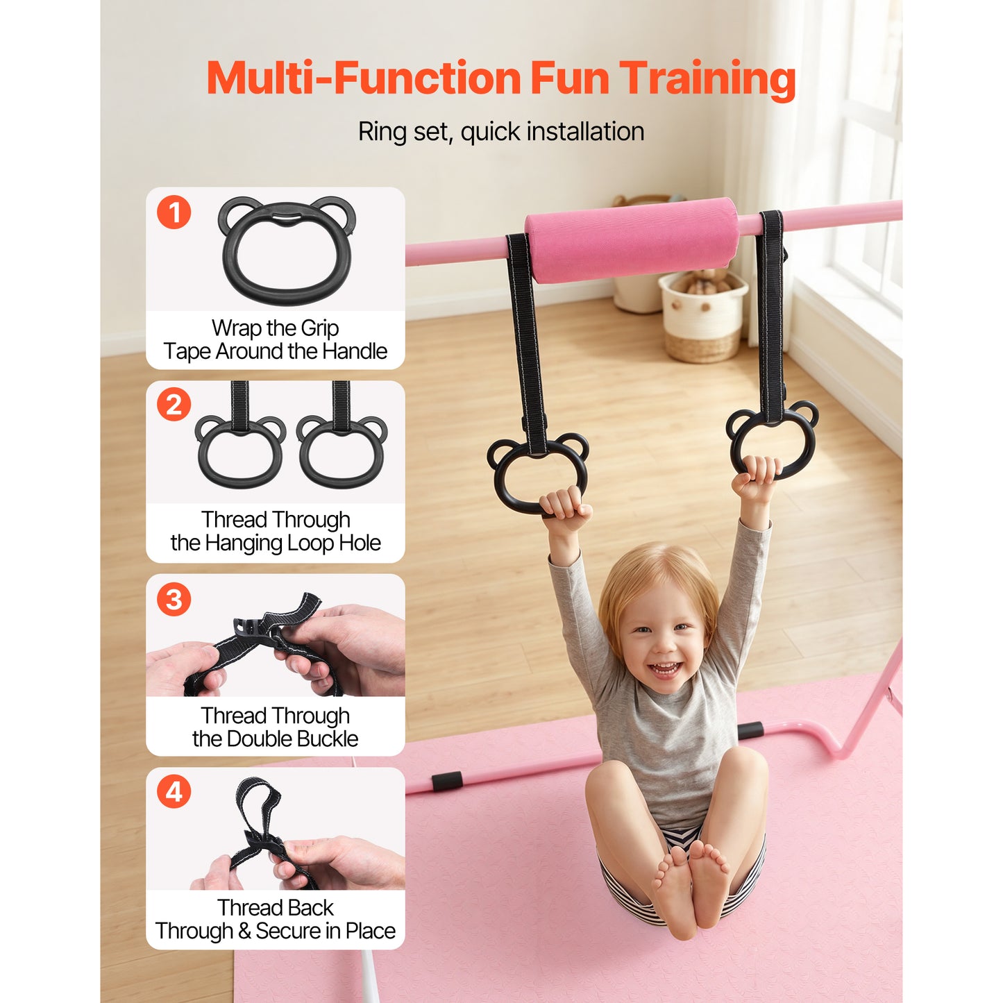 Kids Gymnastics Bars - Adjustable Folding Kip Bar with Mat, Indoor Outdoor Training Equipment, Pink
