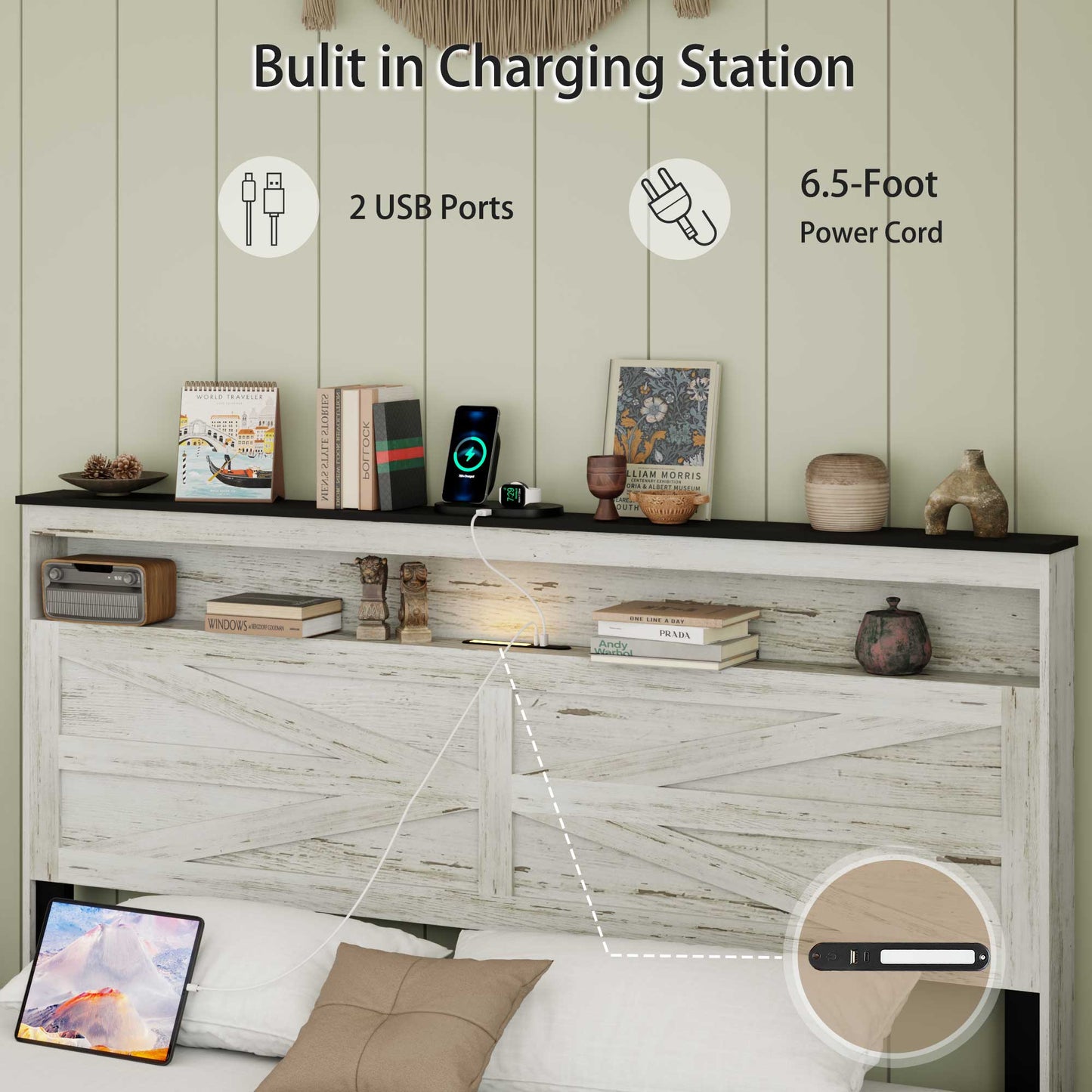 Queen Platform Bed Frame with LED, Charging Station & Storage