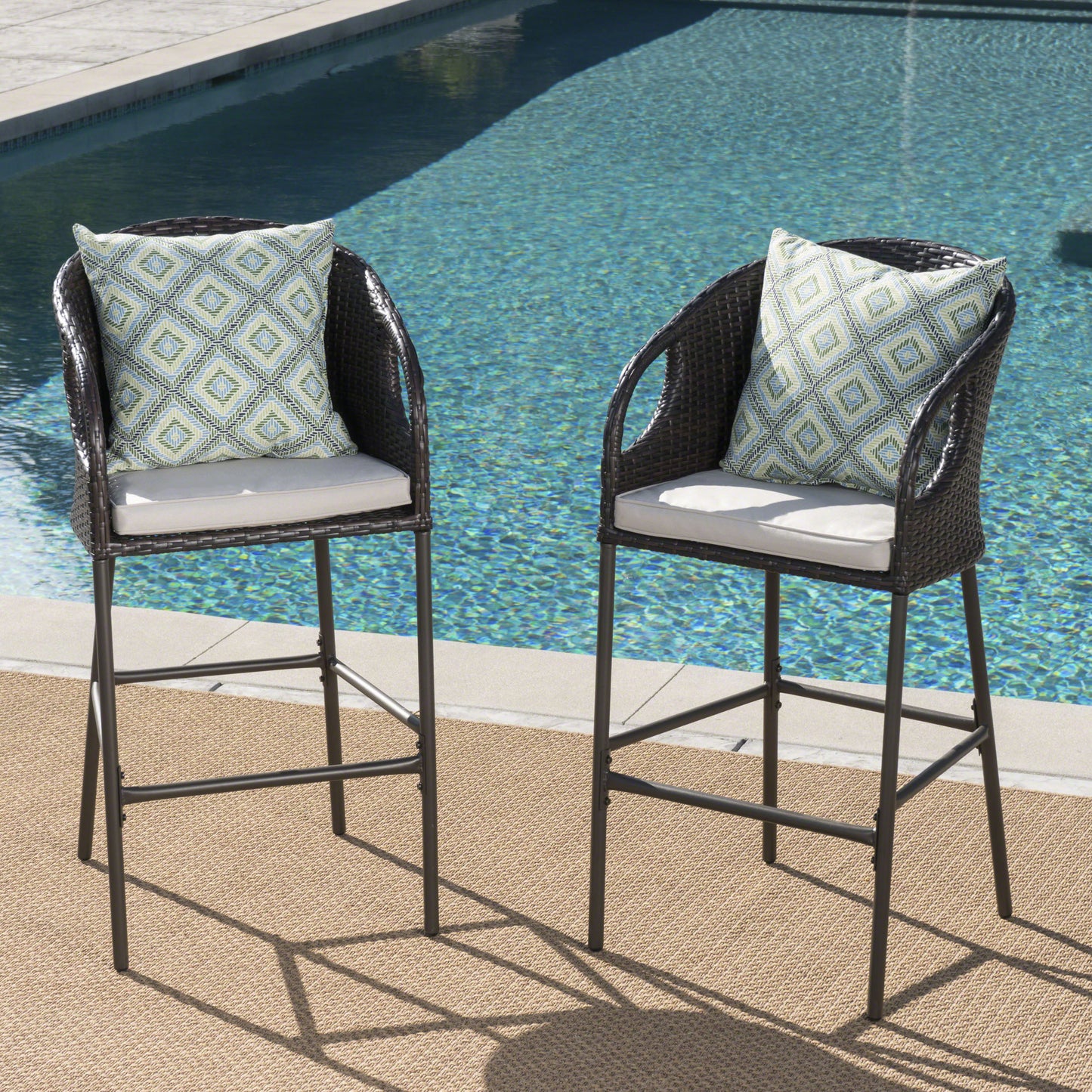 Outdoor 31 PE Rattan Barstools With Waterproof Cushions, Set Of 2,