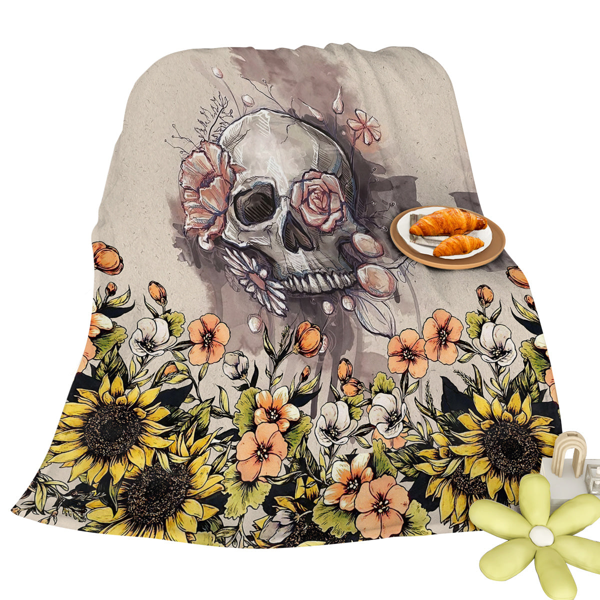 Rustic Skull Sunflower Flannel Fleece Throw Blanket - Multicolor