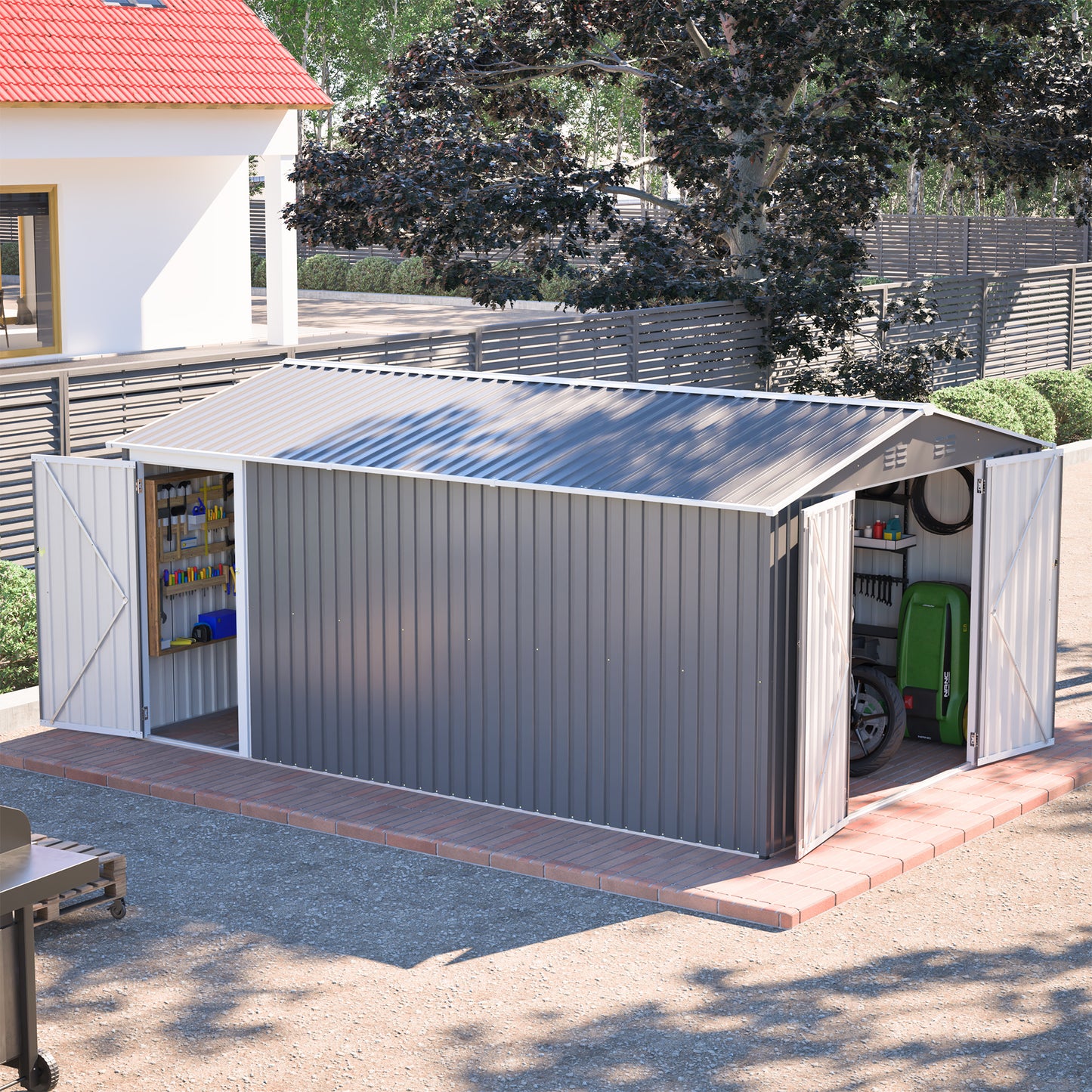 10x14 FT Metal Outdoor Storage Shed with Lockable Doors - Gray